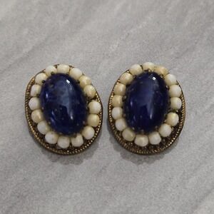 Vintage Blue And White Glass Clip-on Earrings Japan